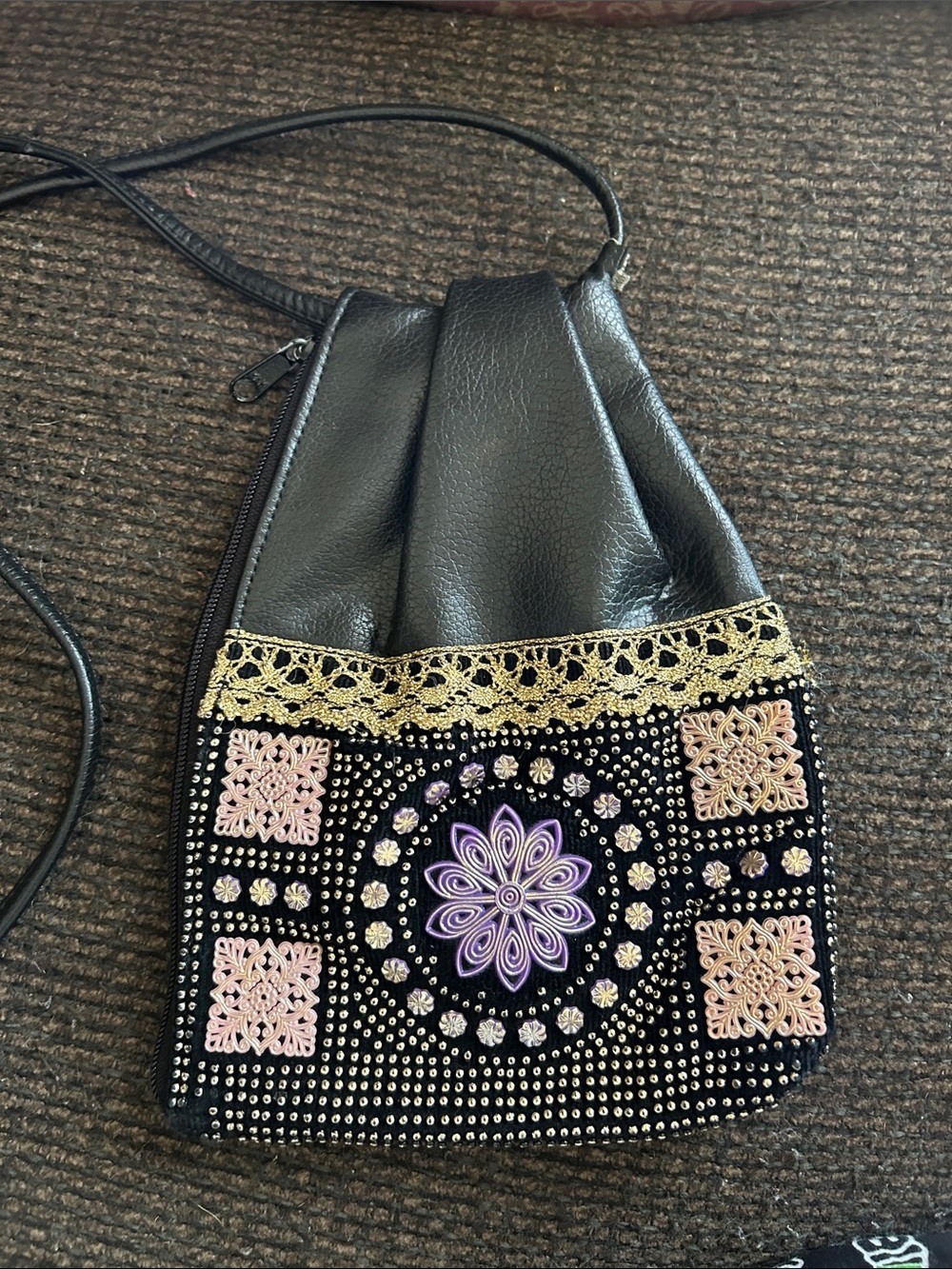 Black Vintage faux leather Embellished Pouch bag with Purple Floral accents. - Picture 1 of 11
